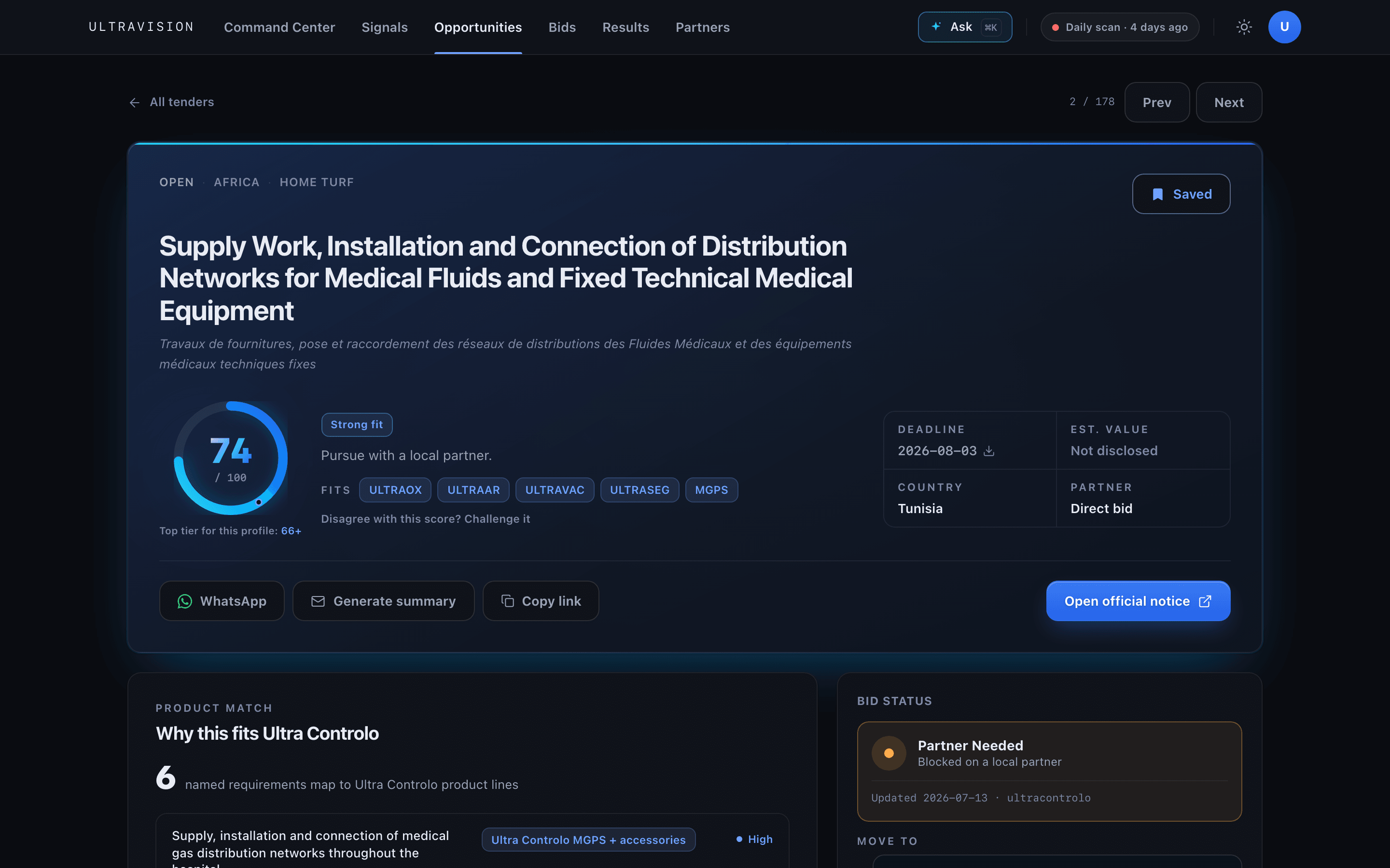 A TRINTA tender page: fit score with reasoning, deadline and country, product match ledger mapping requirements to product lines, and bid status controls.